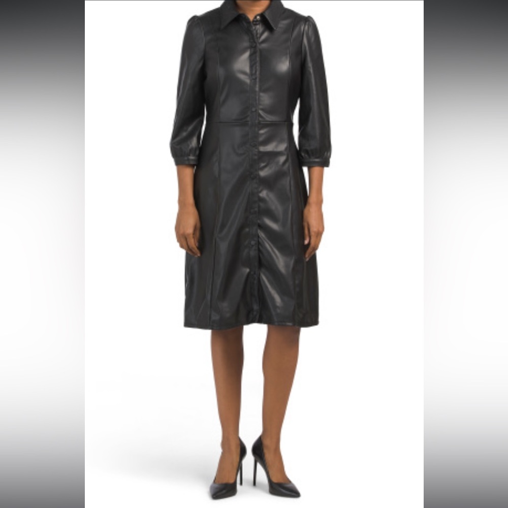 Ellen Tracy 3/4 Sleeve Faux Leather Vegan Leather Button Down Shirtdress NWT